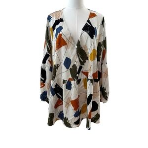 Women's 22 PLUS Ivory Brush Print Button Detail Elastic Cuffs Curvy Blouse